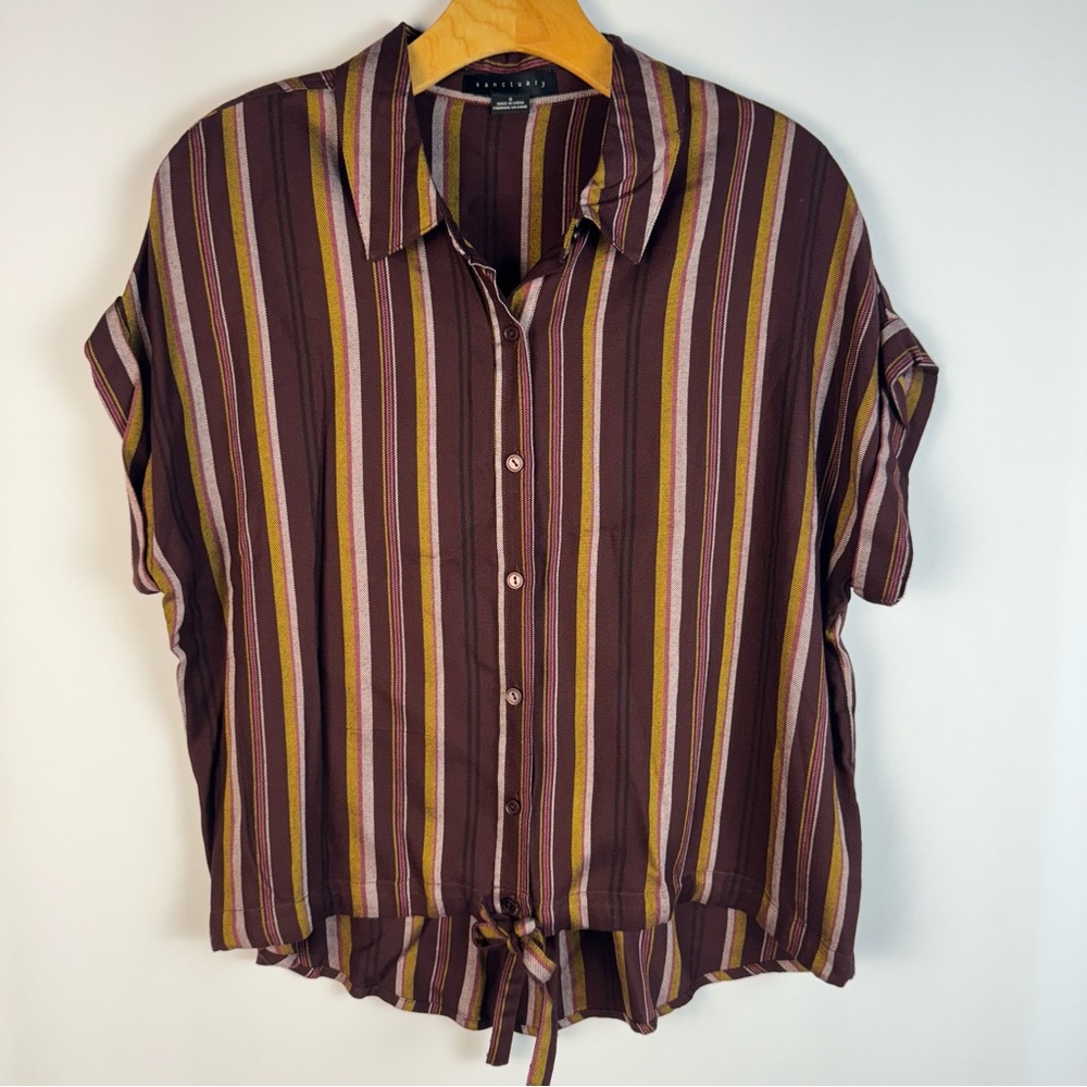 Sanctuary Striped Button Down Short Sleeve Blouse